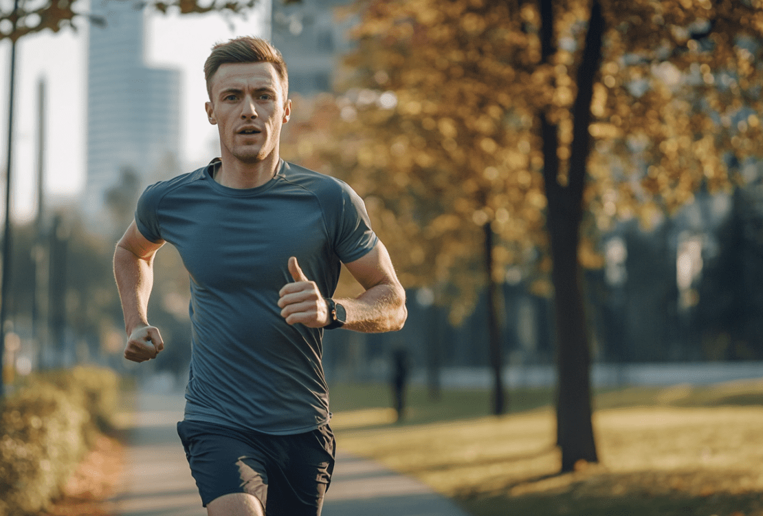 Osoba w sportowym stroju rozpoczynająca bieg w parku, symbolizująca start przygody z bieganiem i korzyści z aktywności fizycznej.